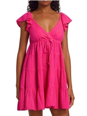 Xirena Sonnet Mini Tiered Dress Pink Ruffle Sleeve‎ Gauze Cottagecore Size L NEW